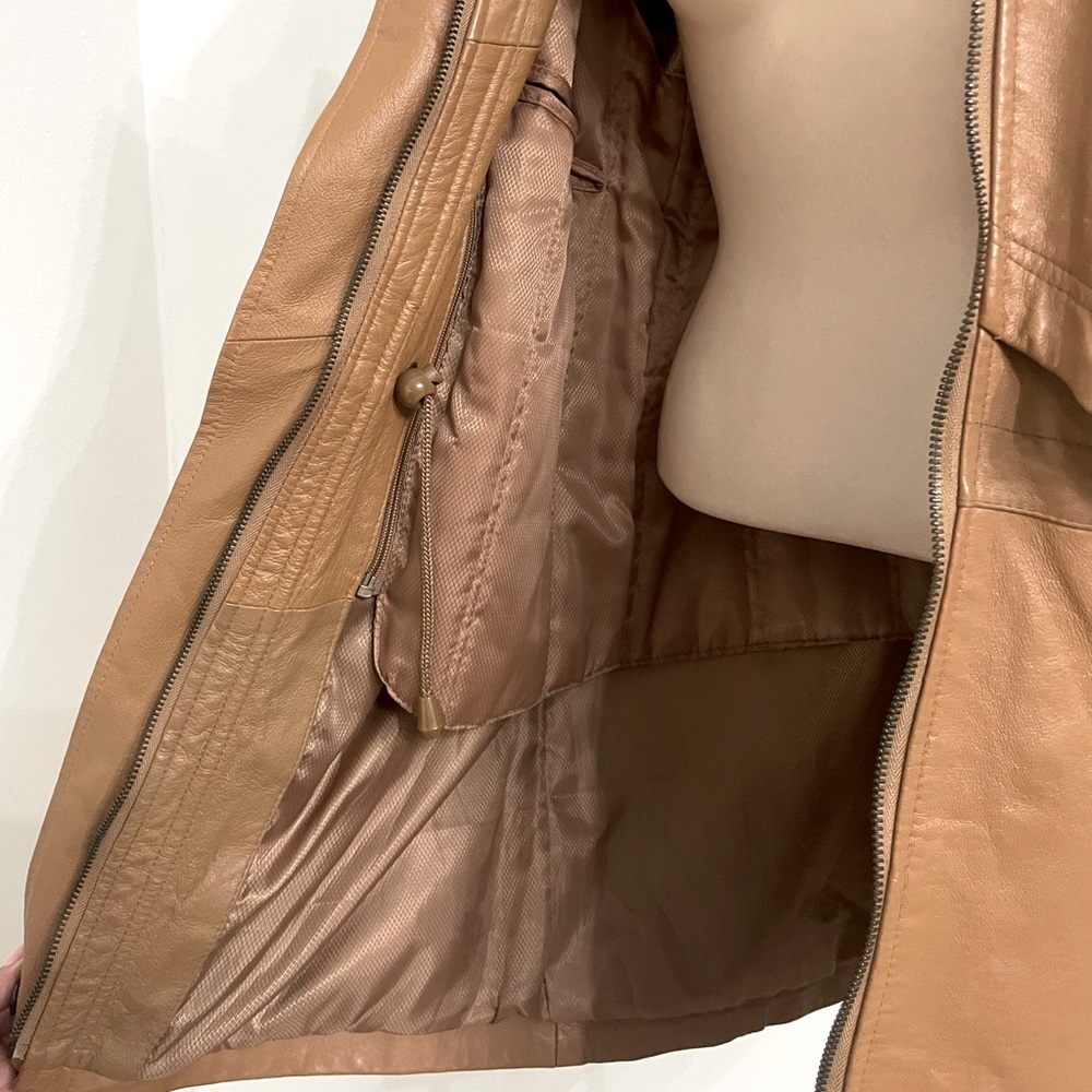 Phase Two Genuine Leather Insulated Trench Coat with Hood / camel brown / small - Picture 4 of 7